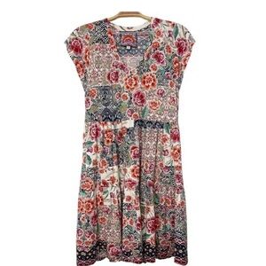 Johnny Was Aztec Flower Tiered Hem Dress Red Floral Short Flowers XL Beige